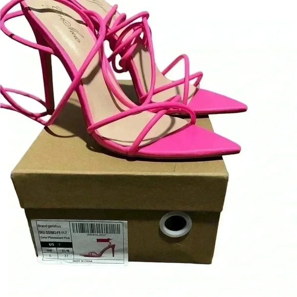 Hot Pink Long Ankle Strap HighHeel, Great Condition Size 7, 4 inch heel - Picture 2 of 6